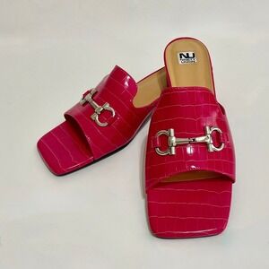 NEW!! NU NINETY UNION Open Toe Heels Slides Fuchsia Pink Croc Vegan Size 10